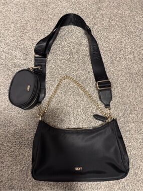 DKNY Black Nylon Shoulder Bag with Gold Chain and Detachable Pouch